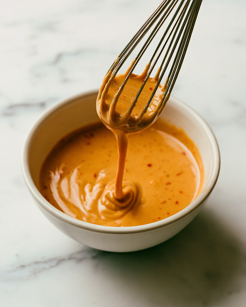 Creamy maple chili tahini dressing whisked in a small white bowl