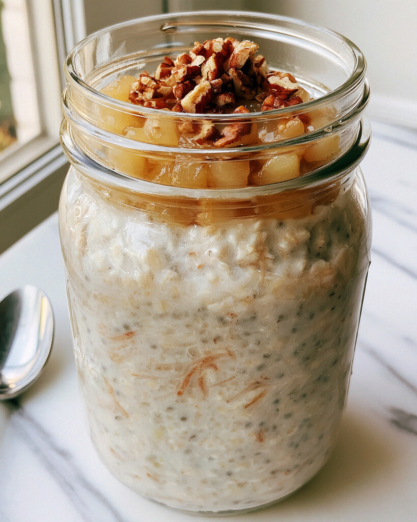 Creamy overnight oats in a jar finished with soft apples and toasted pecans