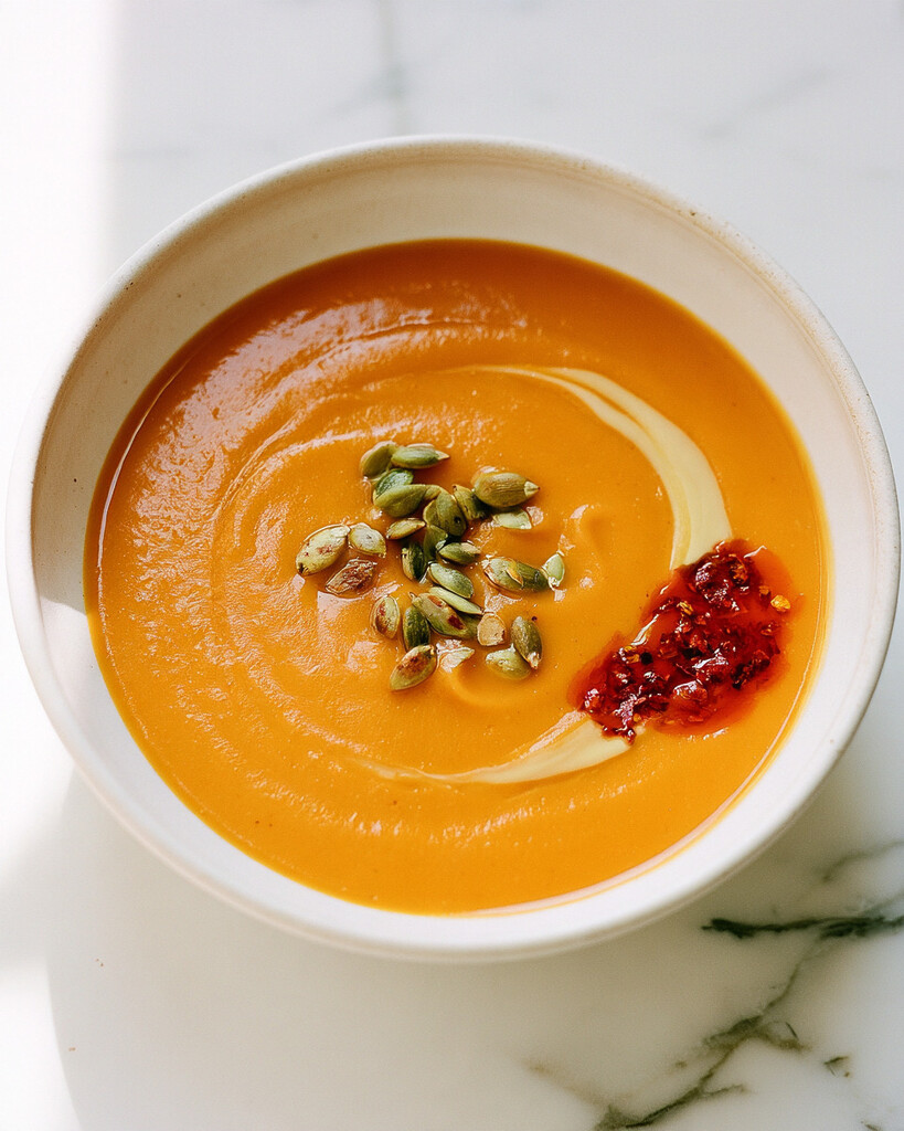 Finished butternut squash soup presented in a white bowl with pepitas and chili oil