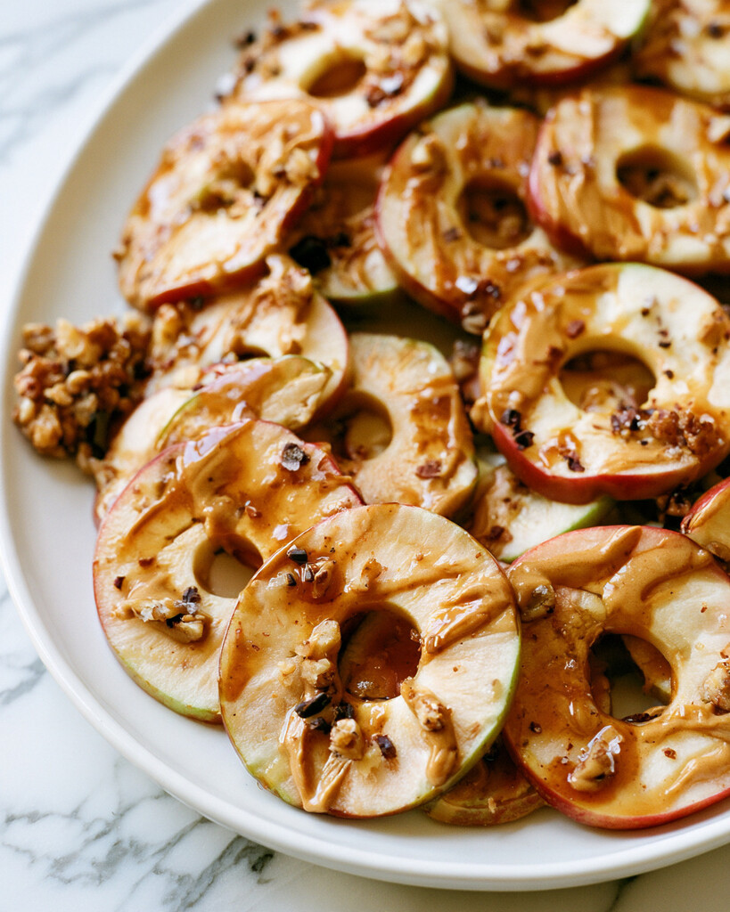 A platter of apple ring nachos ready to serve with a creamy drizzle