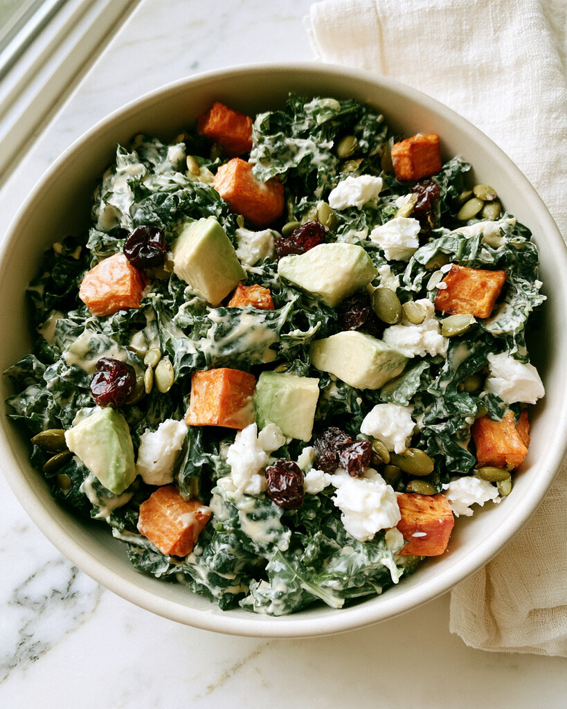 Wide view of the finished sweet potato and kale salad topped with goat cheese, cherries, and seeds