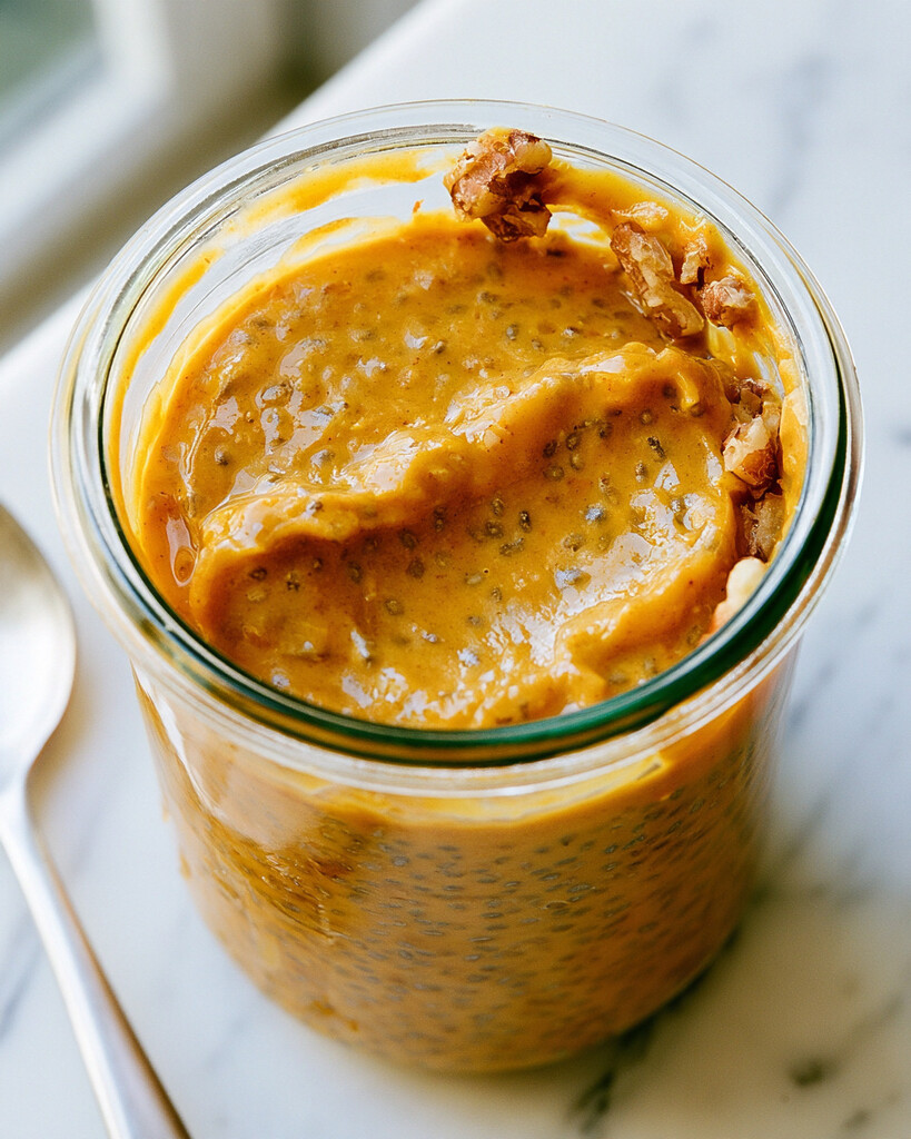 Three glass jars filled with thick bright orange chia pudding chilling in the refrigerator