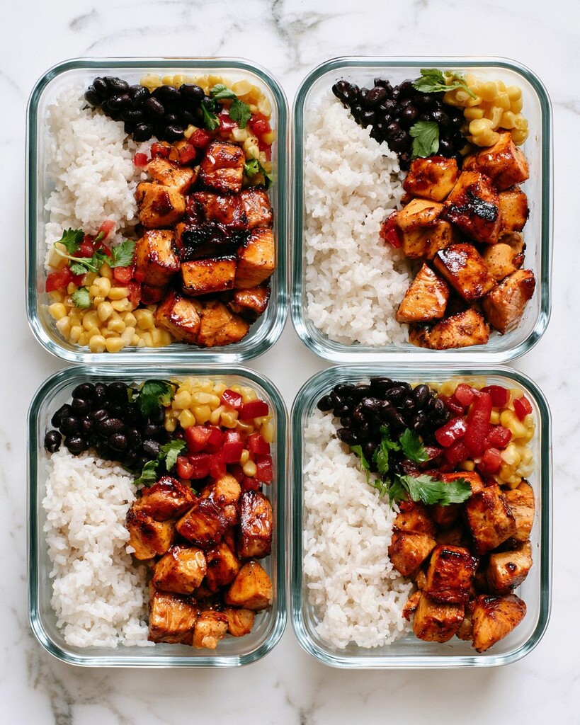 Four glass containers filled with caramelized mango chicken, white rice, black beans, corn, and cilantro