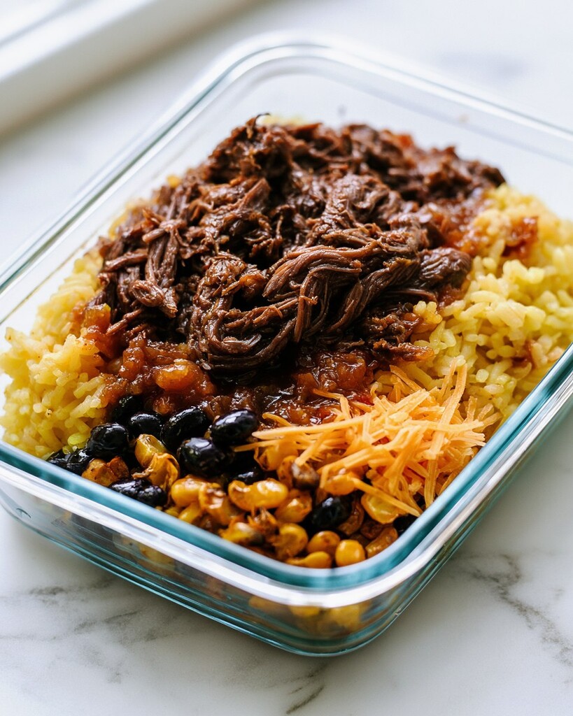 An assembled glass meal prep container with yellow rice, shredded beef, black beans, and corn