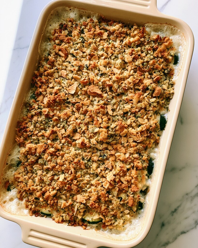 Baked zucchini casserole in a ceramic dish with bubbling edges and a toasted crumb topping