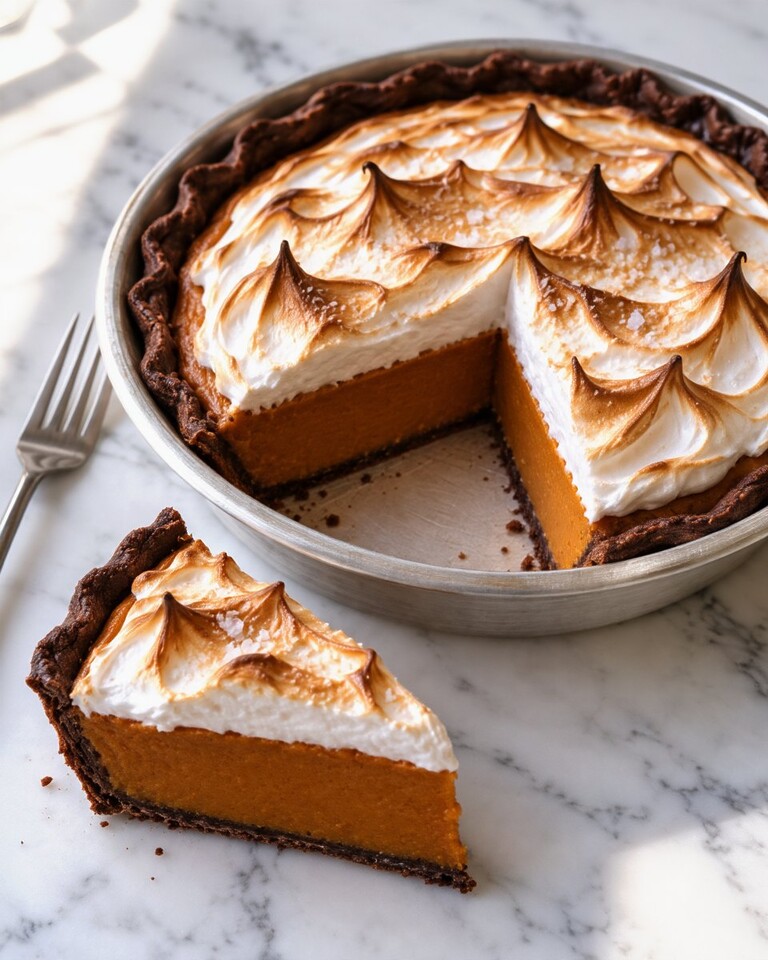 Sliced sweet potato pie showing thick orange filling on a dark chocolate crust topped with toasted meringue