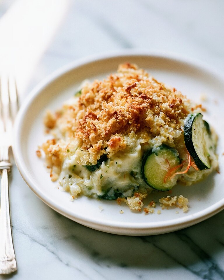 A baked zucchini casserole square on a white plate with a crispy golden stuffing crust and creamy vegetable filling