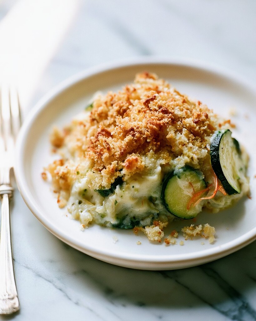 A baked zucchini casserole square on a white plate with a crispy golden stuffing crust and creamy vegetable filling