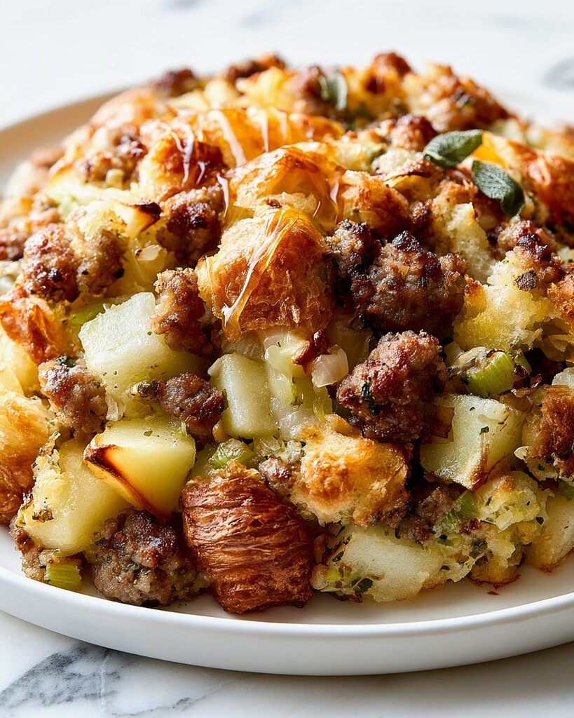 Plated hot croissant stuffing featuring browned sausage, cooked apples, and crispy pastry edges