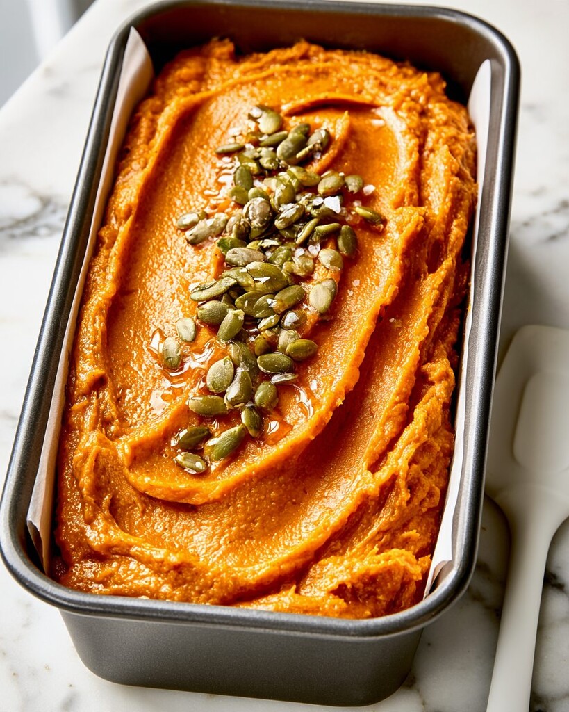 Unbaked pumpkin bread batter in a parchment-lined pan scattered with sticky maple-coated pepitas