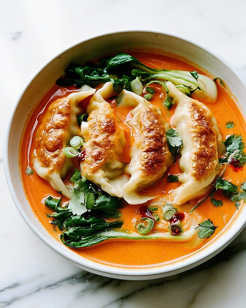 A single serving of baked red curry dumplings with creamy coconut broth and tender greens in a white bowl