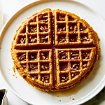 A whole golden pumpkin oat waffle on a white plate with pecans and syrup in the pockets