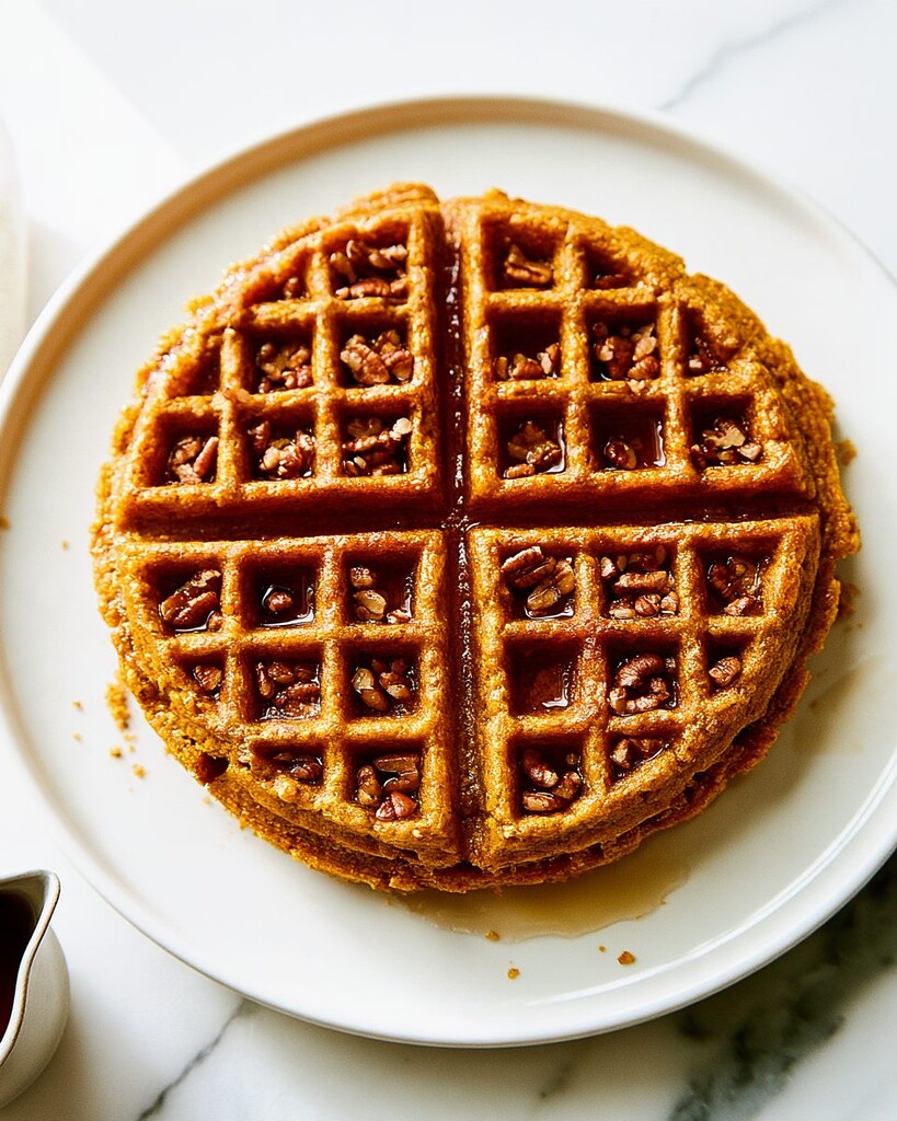 A whole golden pumpkin oat waffle on a white plate with pecans and syrup in the pockets