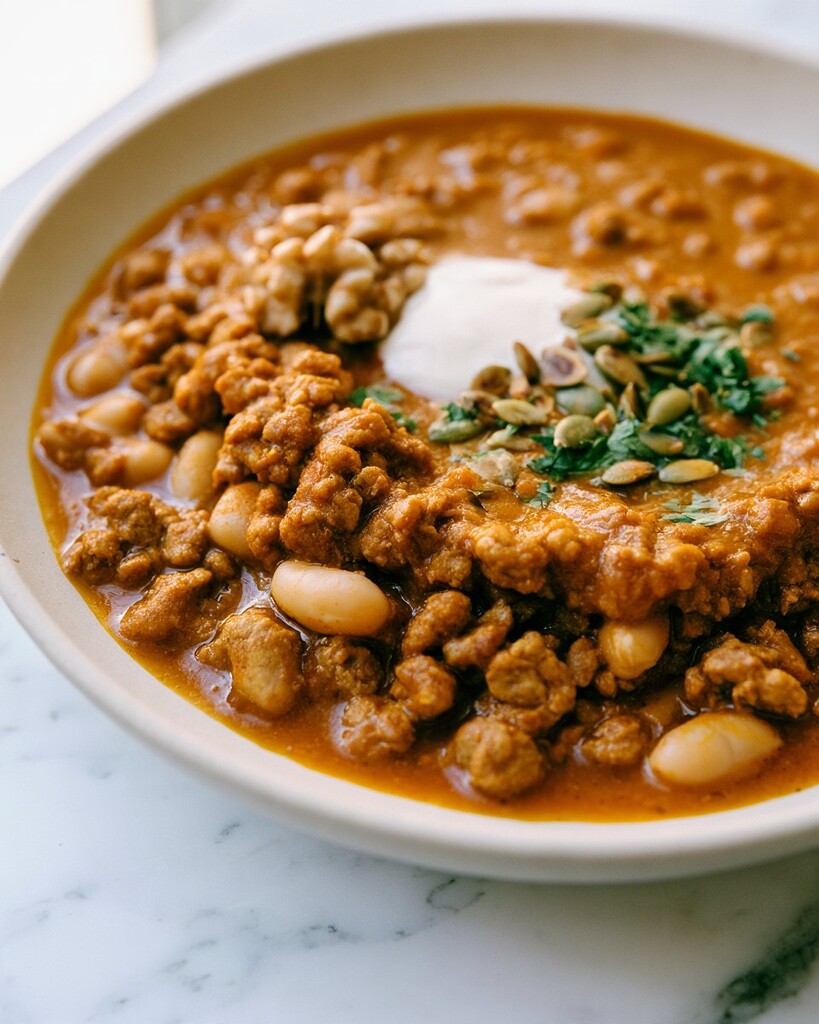 Thick, creamy orange chili garnished with seeds and herbs in a white bowl