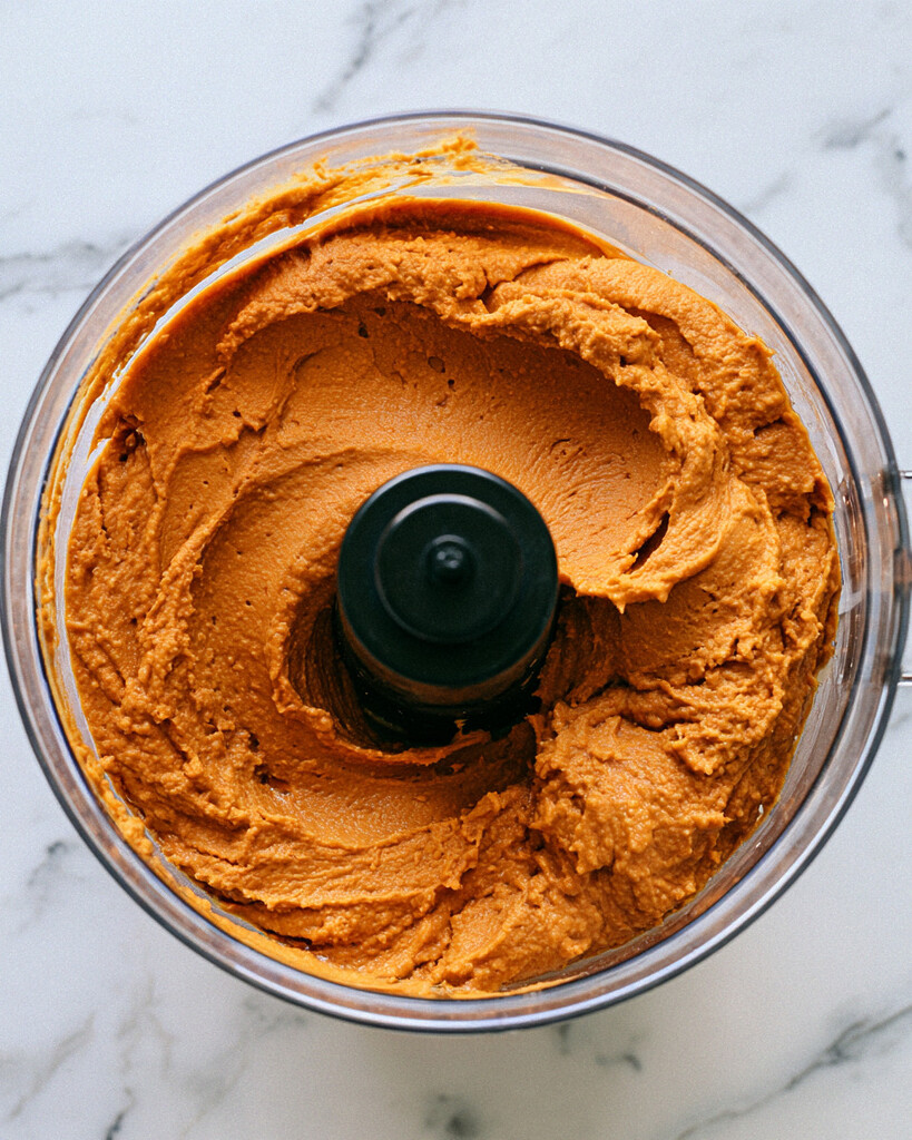 Thick, bright orange pumpkin hummus blended smoothly inside a food processor bowl