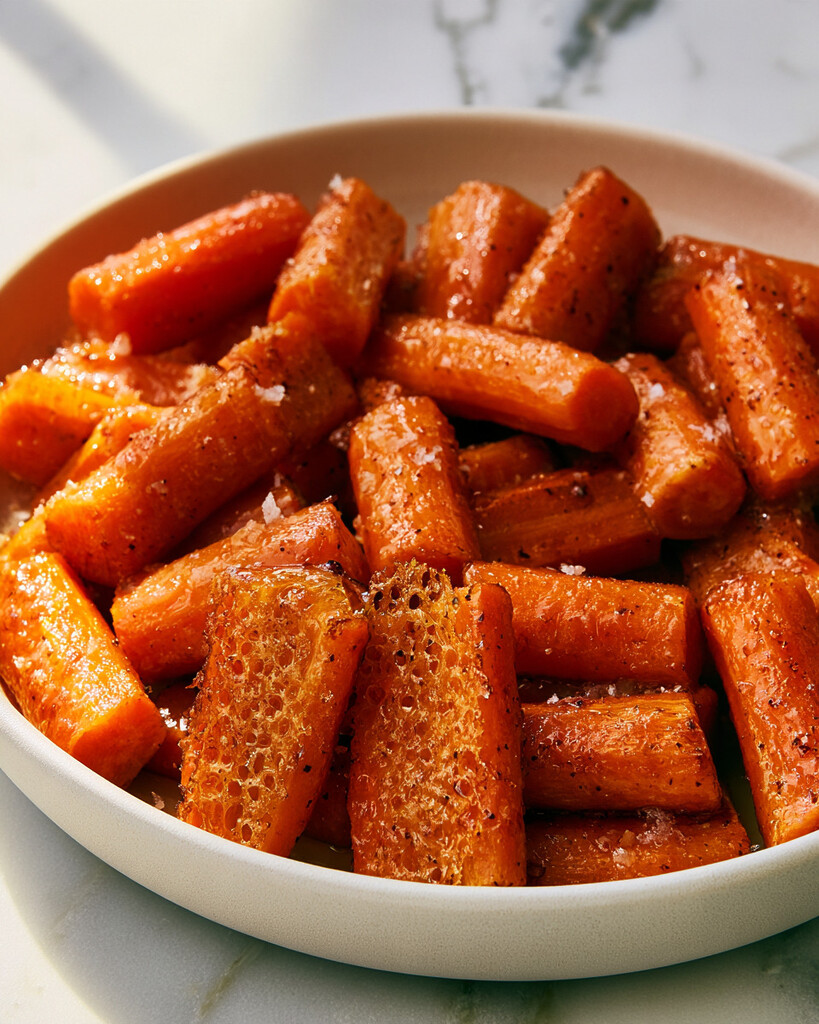A stack of hot honey Parmesan-crusted carrots in a ceramic dish, showing a reddish-orange color and a lacy, crispy cheese crust