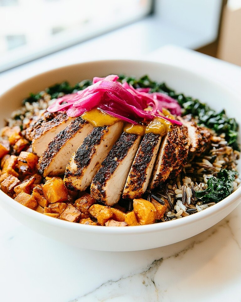 Sliced blackened chicken and pickled onions served over wild rice and kale in a shallow bowl