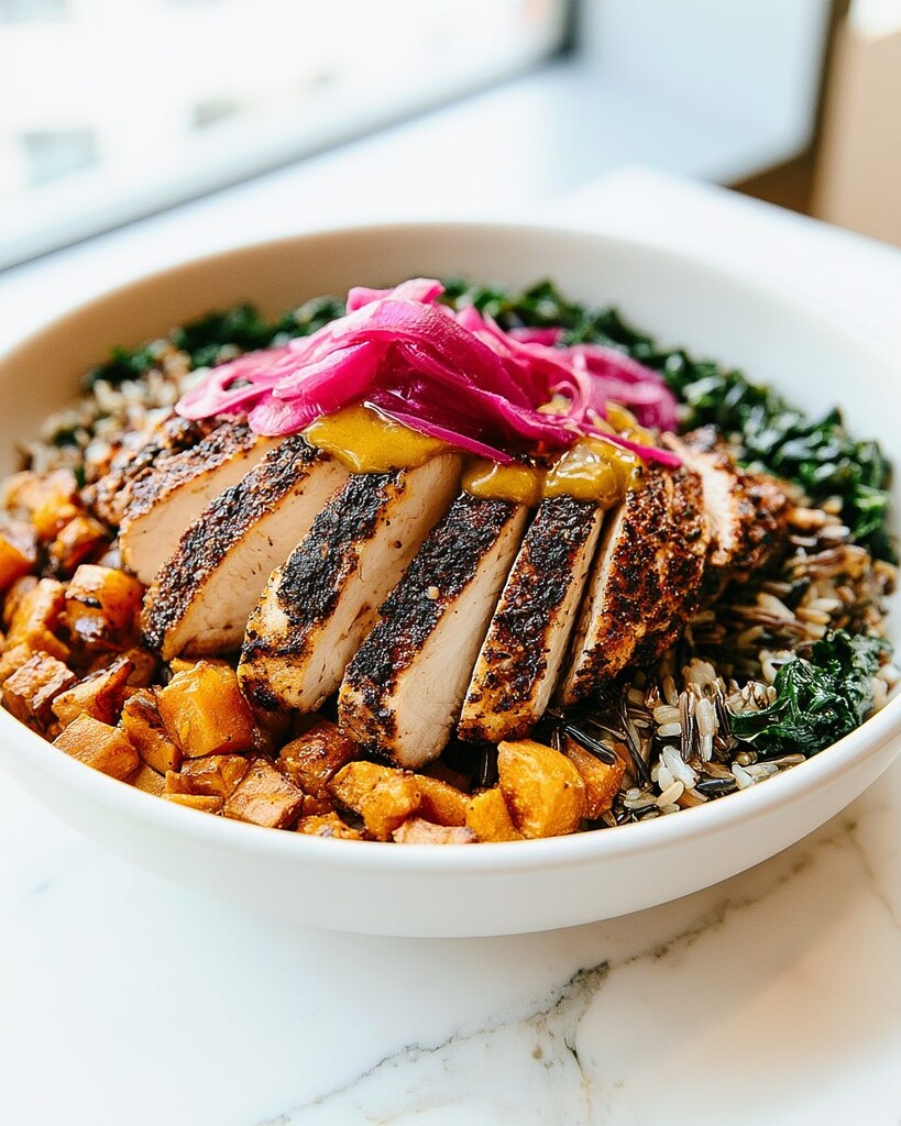 Sliced blackened chicken and pickled onions served over wild rice and kale in a shallow bowl