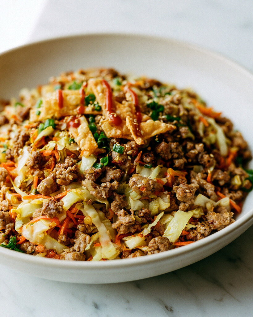 Egg roll in a bowl served in a light ceramic dish with golden cabbage and savory ground meat