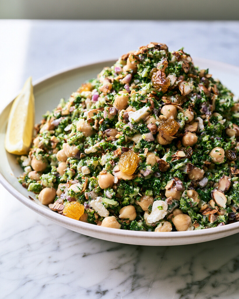A portion of broccoli chickpea salad on a flat plate garnished with toasted almonds and a lemon wedge.