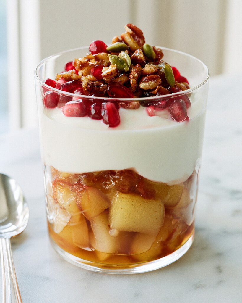 A completed pear yogurt parfait in a clear glass showing distinct layers of fruit and yogurt