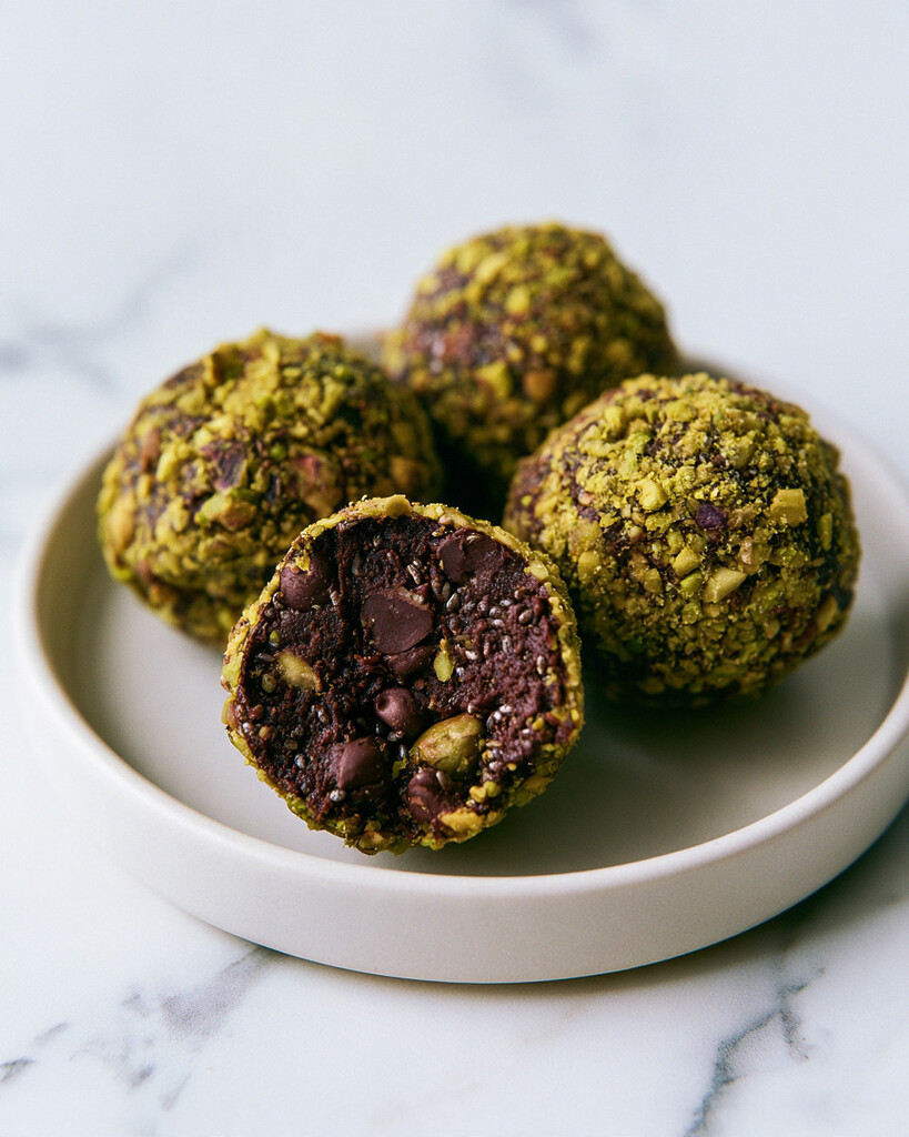 A dark chocolate-pistachio energy bite cut in half on a ceramic plate revealing a dense fudgy center