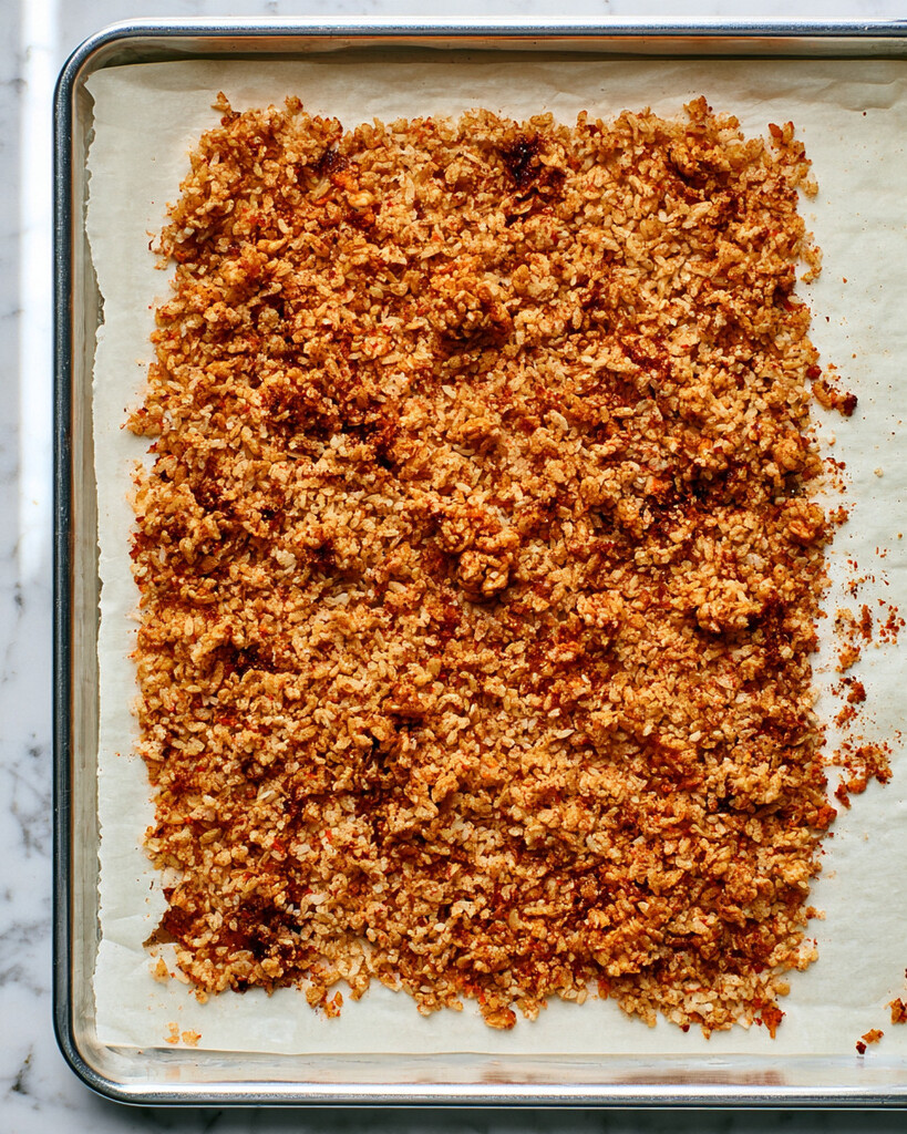 Golden brown crispy rice spread on a parchment-lined baking sheet