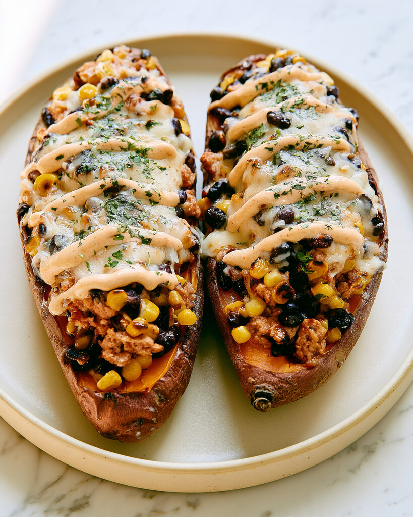 Halved sweet potatoes loaded with turkey, beans, and melted pepper jack cheese