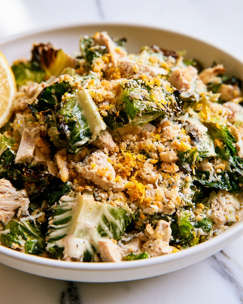 Warm charred cabbage and chicken pieces tossed in Caesar dressing with a thick layer of crispy panko