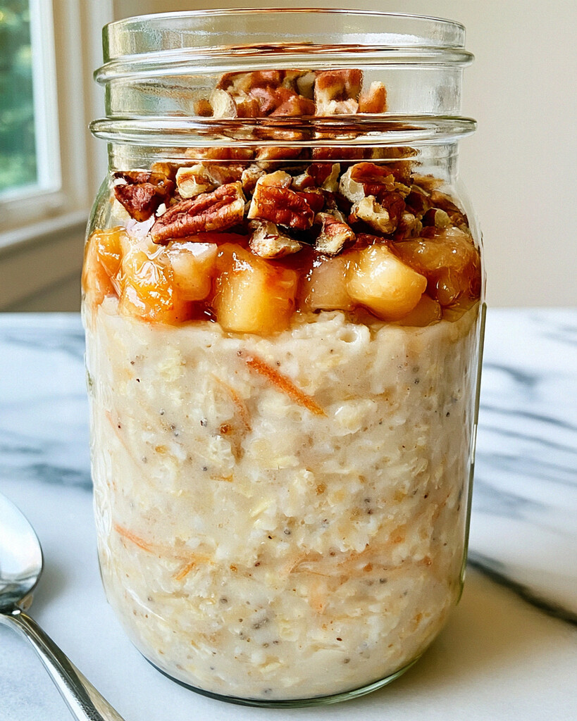 Apple pie overnight oats ready to serve in a glass jar showing layers of oats, fruit, and pecans