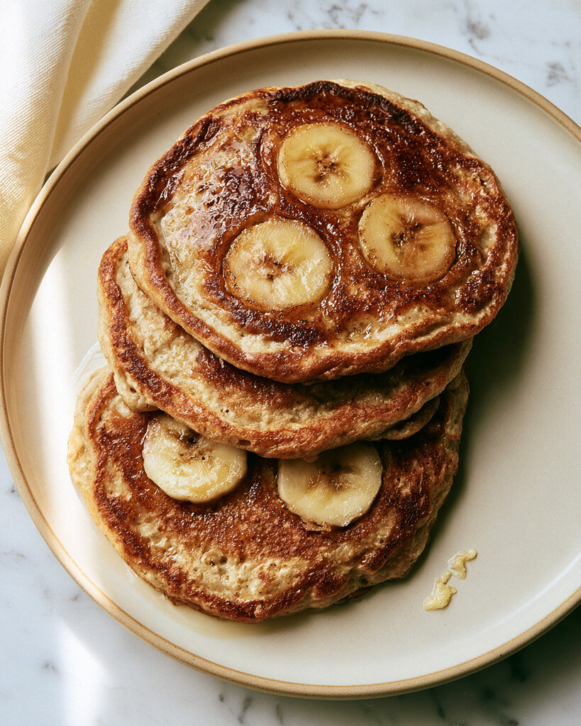 Stacked cottage cheese pancakes with glossy golden caramelized banana slices baked into the surface
