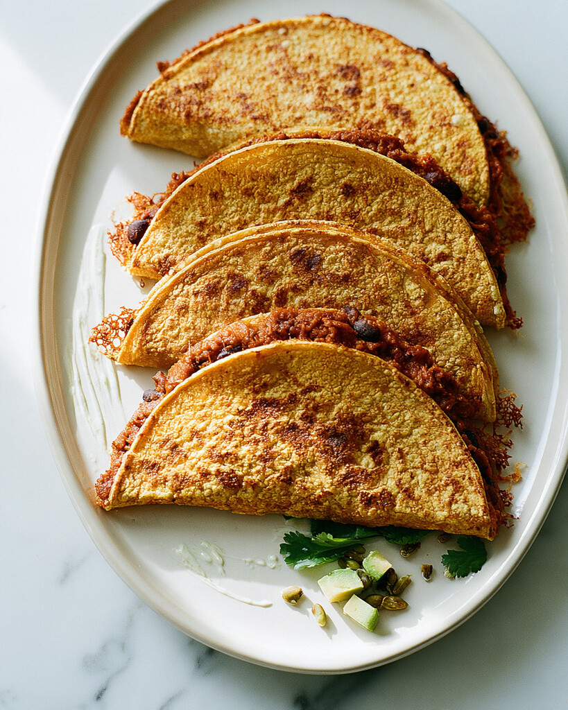 Golden crispy baked pumpkin and black bean tacos on a white plate with diced avocado and fresh cilantro