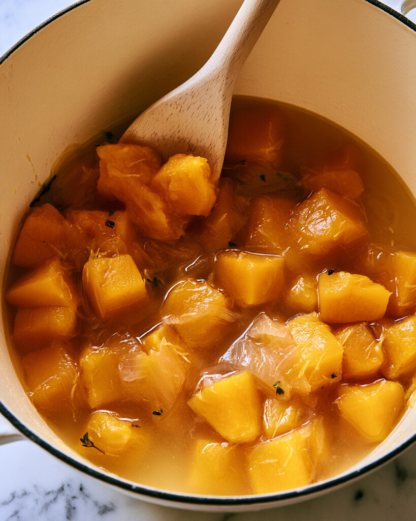 Softened butternut squash cubes resting in hot broth with a wooden spoon