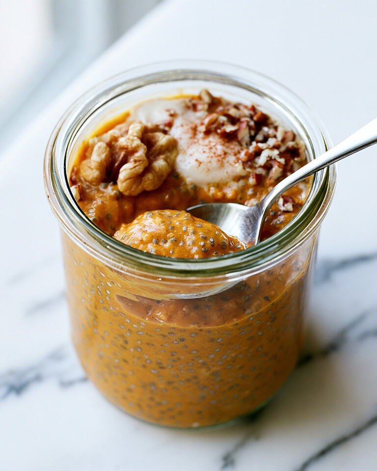 Small glass jar filled with thick orange pumpkin chia pudding topped with white cream, pecans, and a spoon resting inside