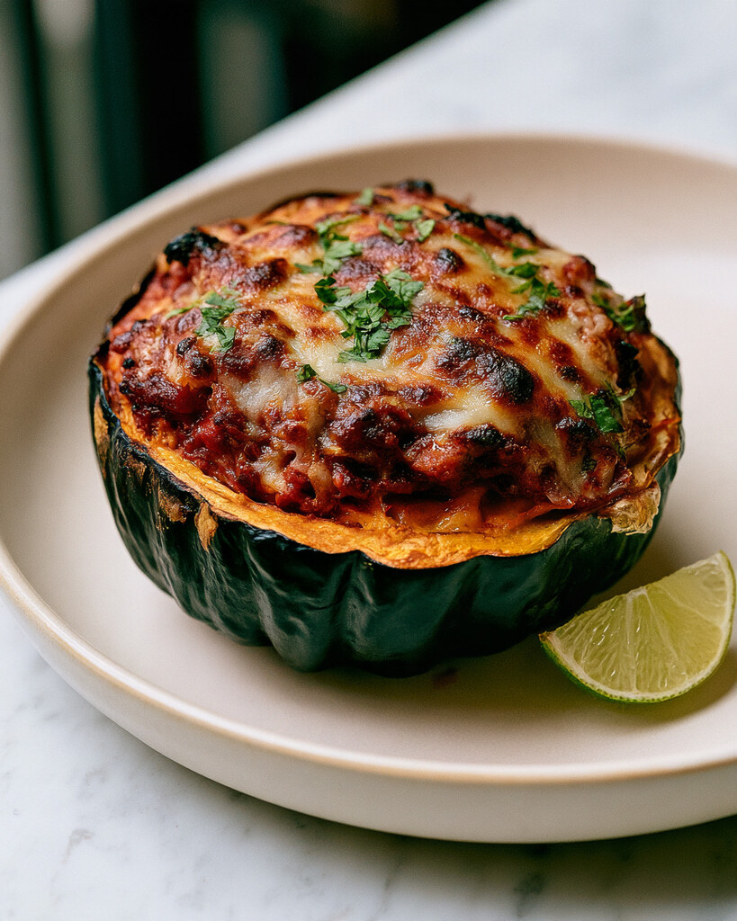 Finished turkey chili stuffed acorn squash on a white plate with cilantro and lime
