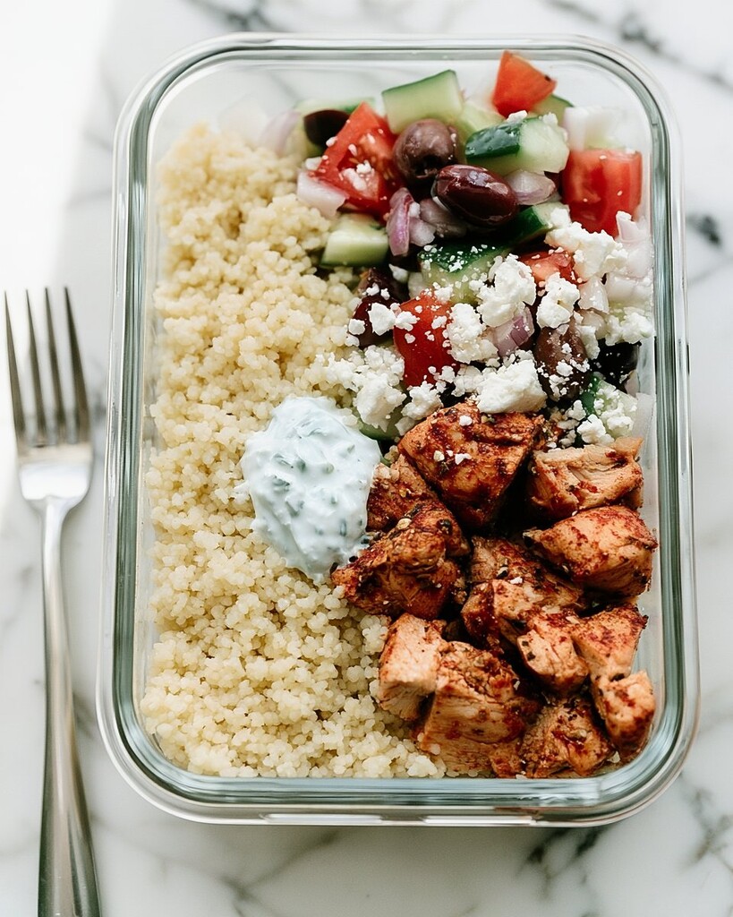 Glass bowl displaying a finished serving of roasted chicken pieces, fresh vegetable salad, feta, and creamy tzatziki over couscous