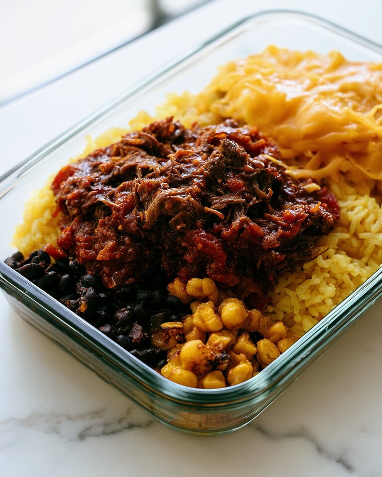 Shredded salsa-braised beef over yellow rice with black beans, corn, and cheddar in a glass container