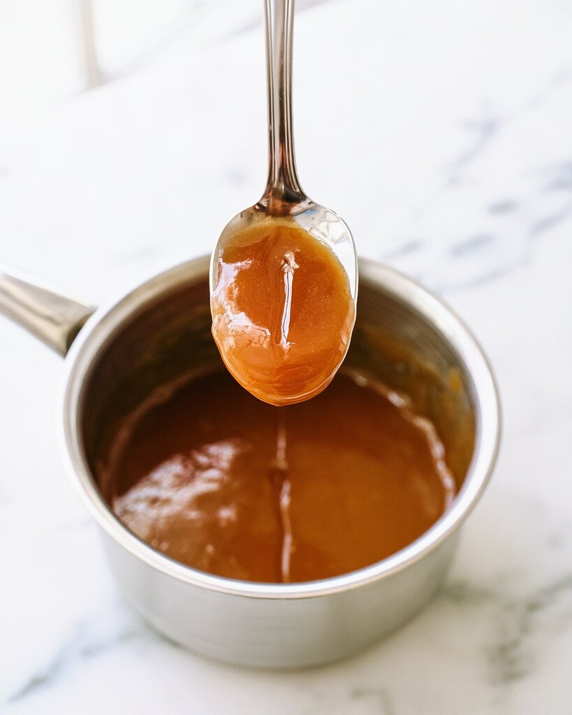 Thick, glossy apple cider and hot honey glaze coating a metal spoon over a saucepan