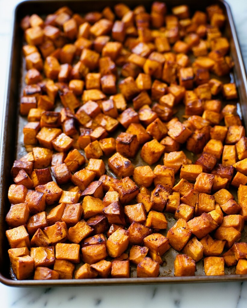 Roasted sweet potato cubes spread across a baking sheet with dark roasted edges