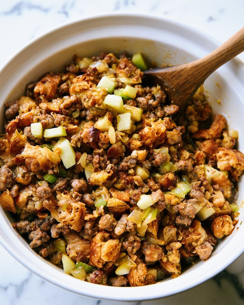 Torn croissants mixed with browned sausage, celery, and apples in a white bowl