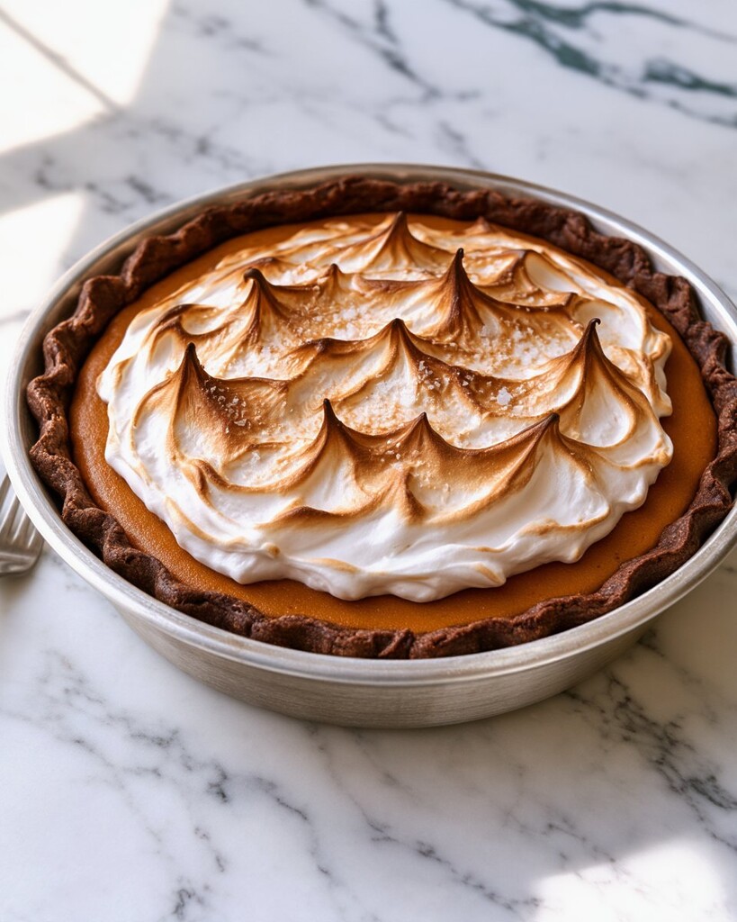 Whole sweet potato pie topped with toasted golden-brown meringue peaks