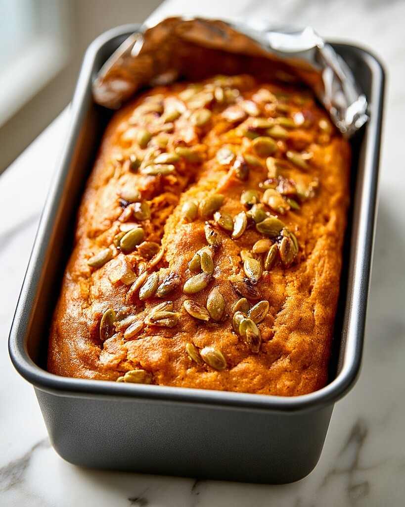Baked pumpkin loaf rising in a metal pan with a cracked crust and toasted pepitas backed by aluminum foil