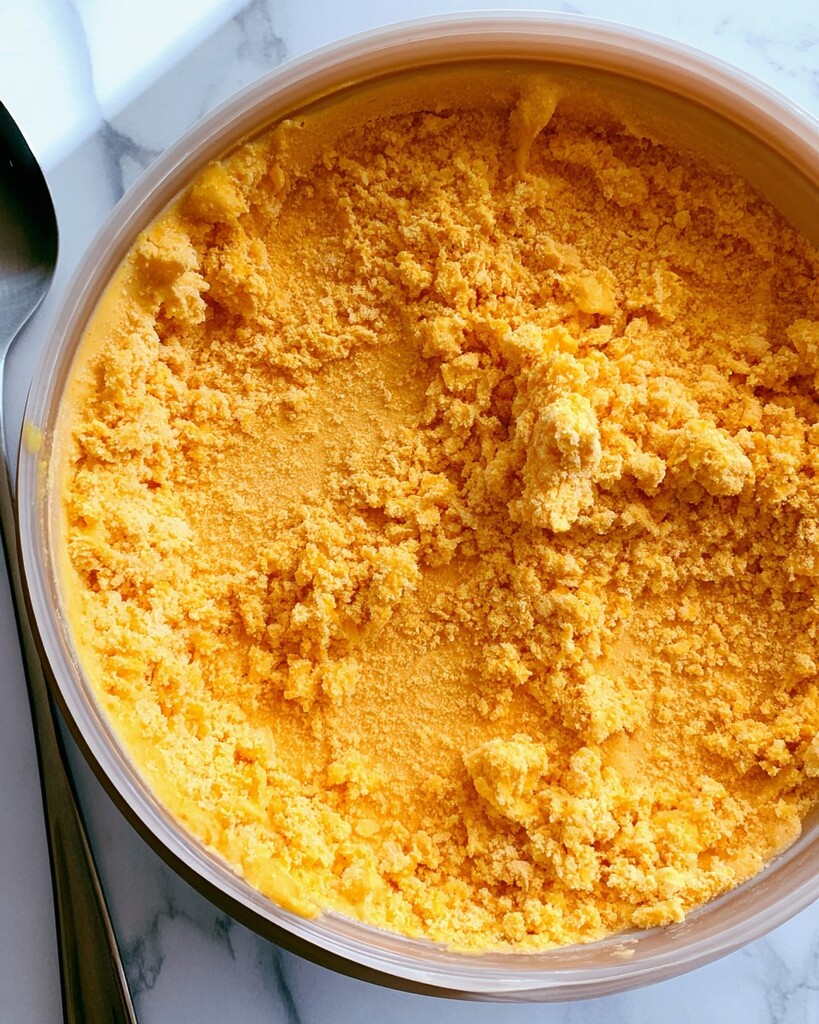 Orange pumpkin ice cream base looking crumbly inside a Ninja Creami pint