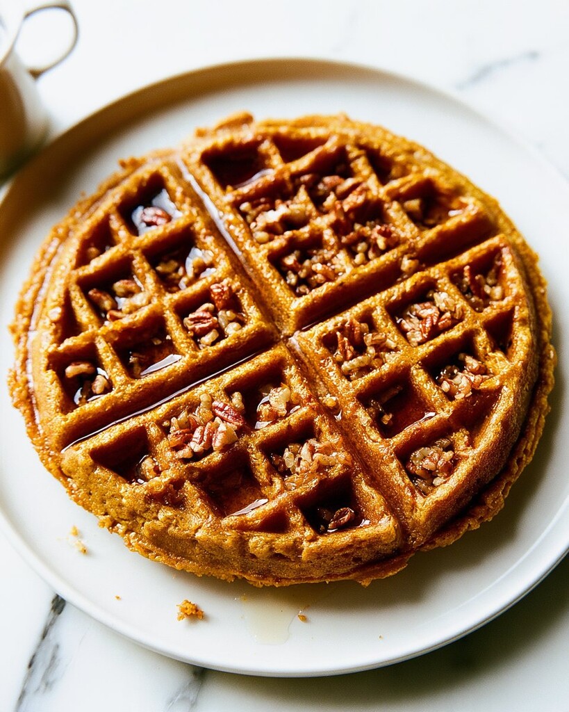 Golden pumpkin oat waffle on a white plate with chopped pecans and shiny syrup in the pockets