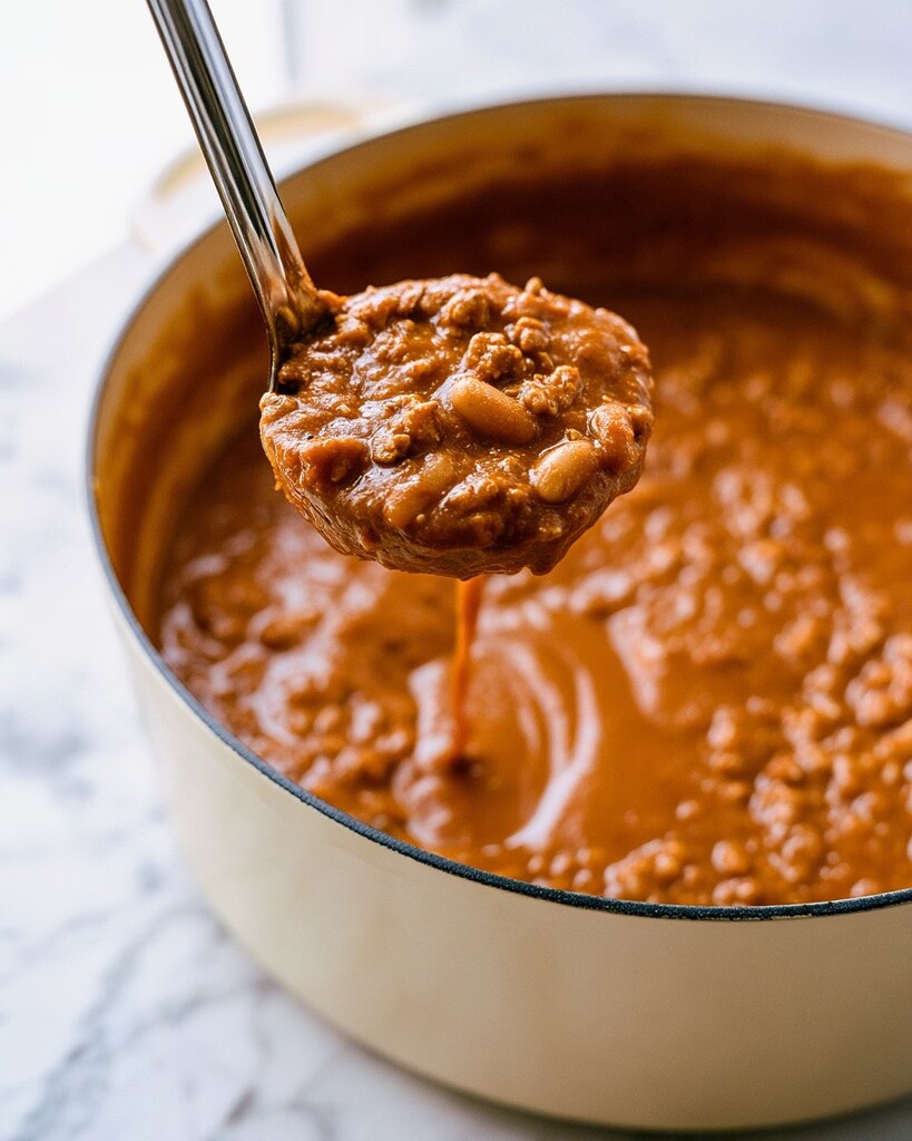Ladle lifting creamy orange chili with white beans and ground turkey from a simmering pot