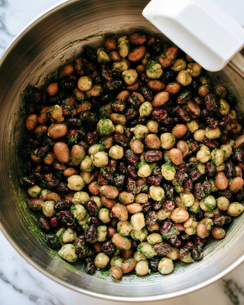 Flat spoon stirring beans into green dressing in a metal bowl
