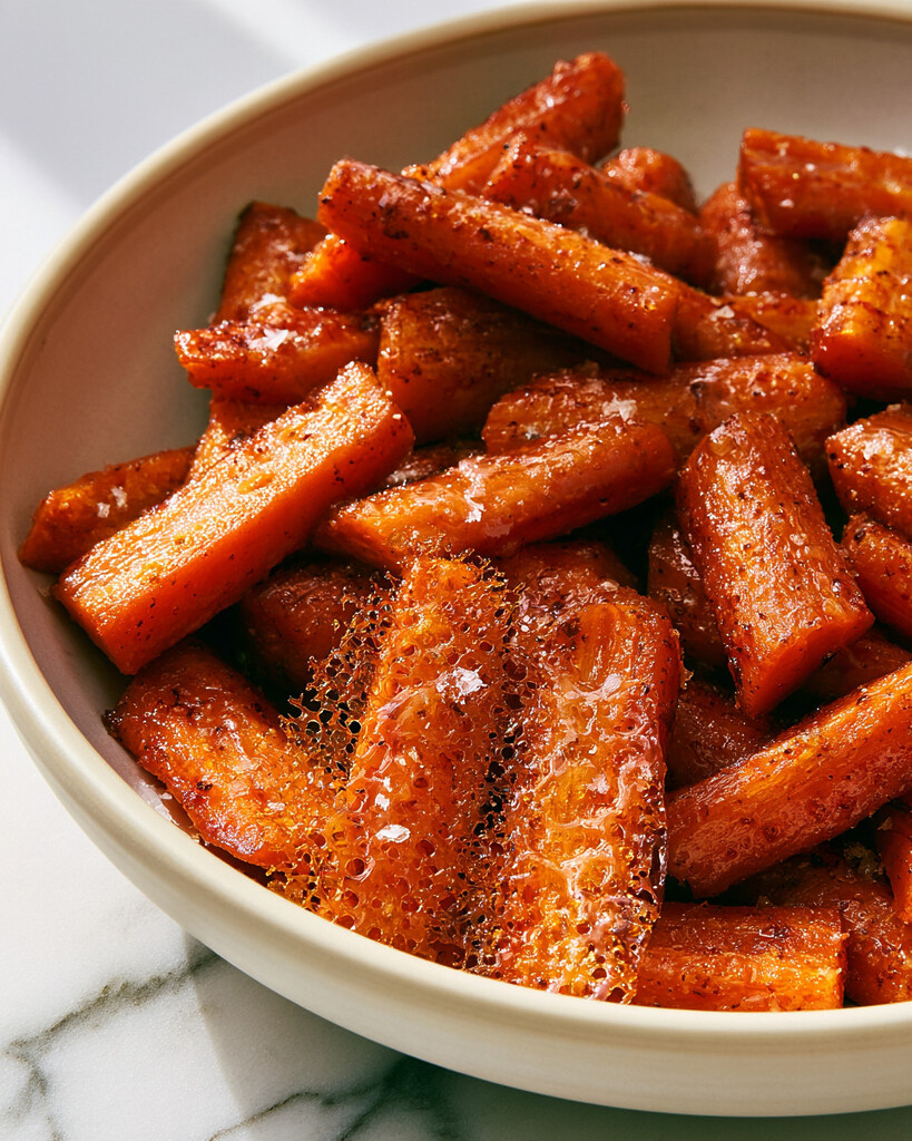 Hot honey Parmesan-crusted carrots served in a light-colored bowl, showing tender orange centers and dark golden cheese edges