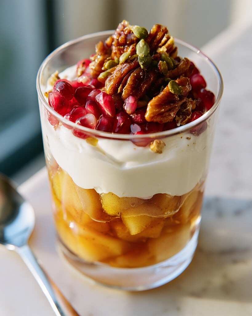 Spiced pear yogurt parfait in a clear glass garnished with red pomegranate seeds and candied nuts