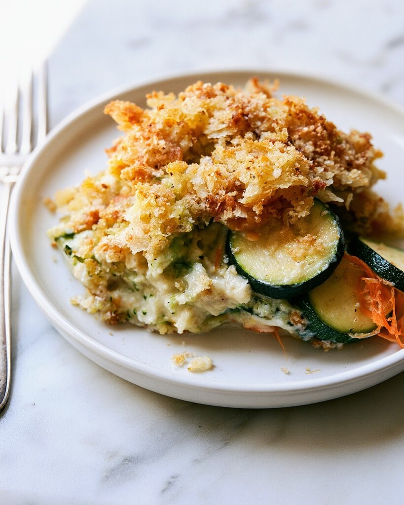 Close up of a plated zucchini casserole bite highlighting the toasted stuffing crumbs and creamy sauce