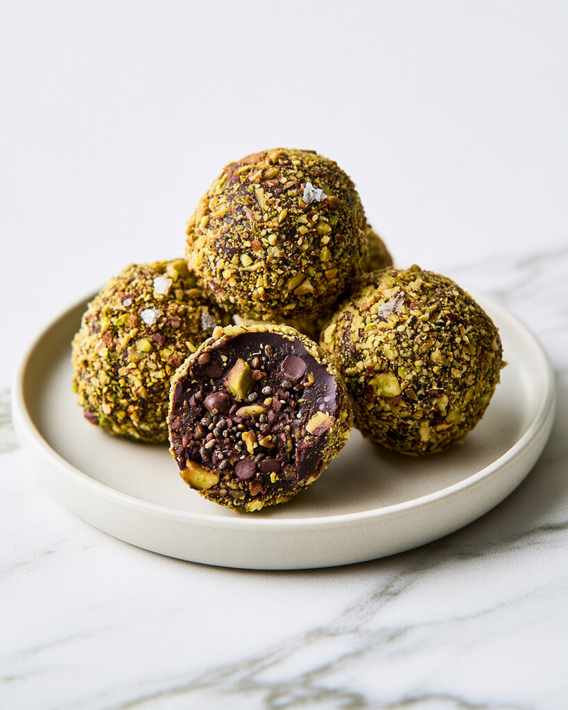 Stacked dark chocolate-pistachio energy bites on a plate with one broken open showing chocolate chips and chia seeds